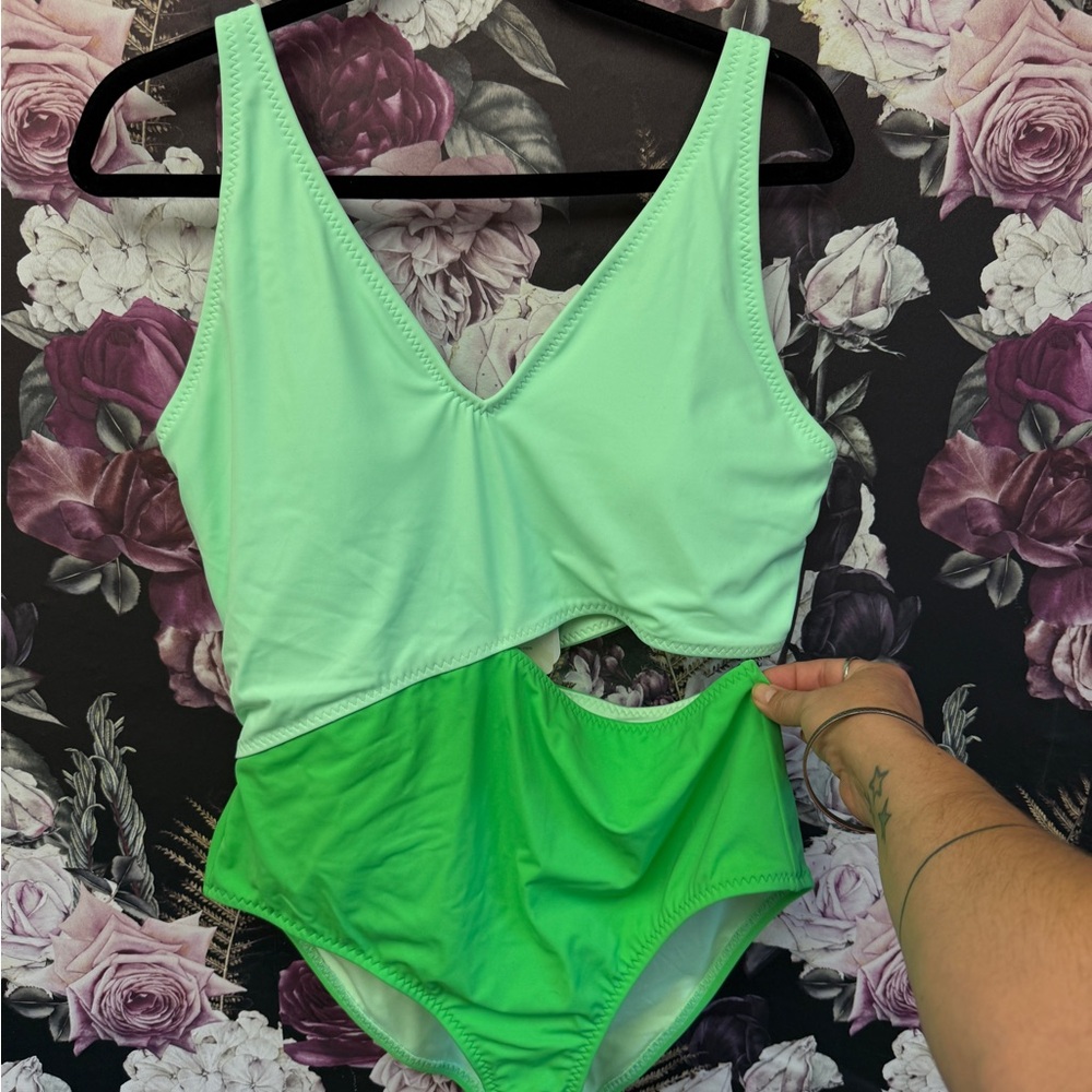 Fabletics Green V-Neck One Piece Swimsuit with Cutout Detail
